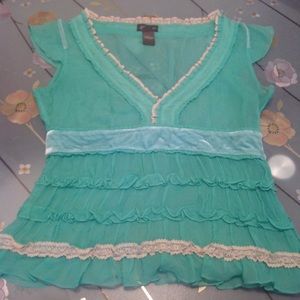 Anthropologie Teal Ruffled V-Neck Blouse with Cream Lace Trim